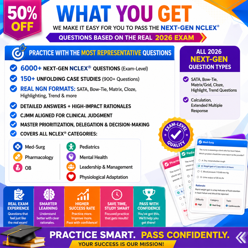 Next-Gen NCLEX® Question Bank | 2026 Practice Questions with Answers & Rationales