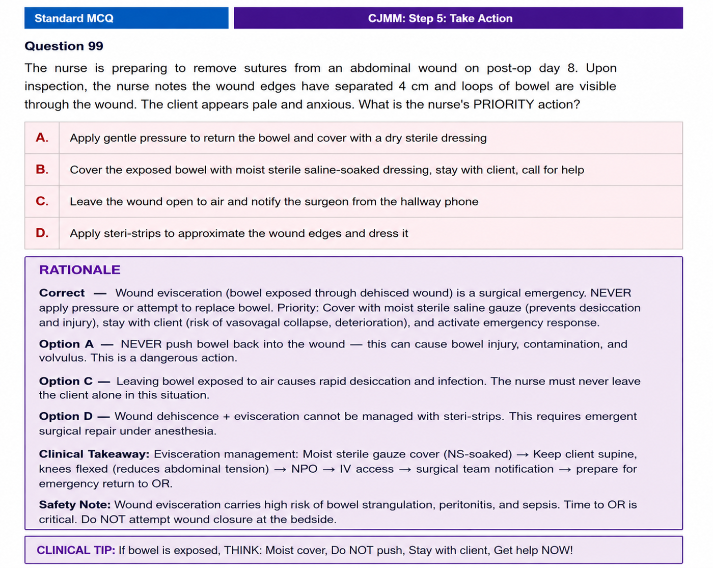 Priority-action question with safety notes and a clinical tip you'll actually remember.